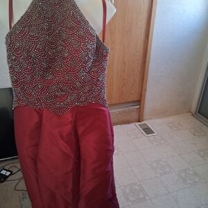Elegant Red Beaded Halter Dress